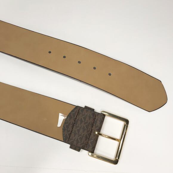 MICHAEL KORS Monogram Brown Gold Square WIDE Elastic Stretch Belt Canvas Med LG